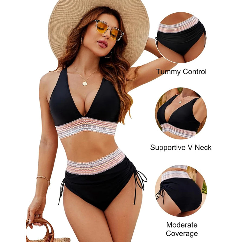 2024 High Waisted Tummy Control Color Block Bikini Sets