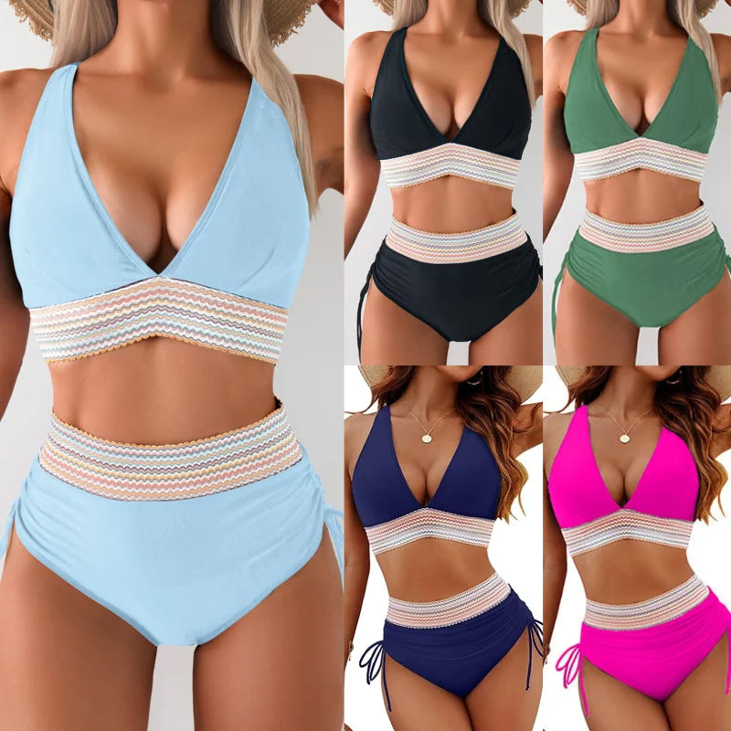 2024 High Waisted Tummy Control Color Block Bikini Sets