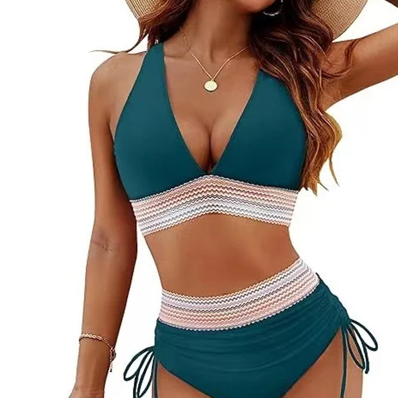 2024 High Waisted Tummy Control Color Block Bikini Sets