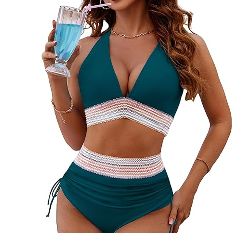 2024 High Waisted Tummy Control Color Block Bikini Sets