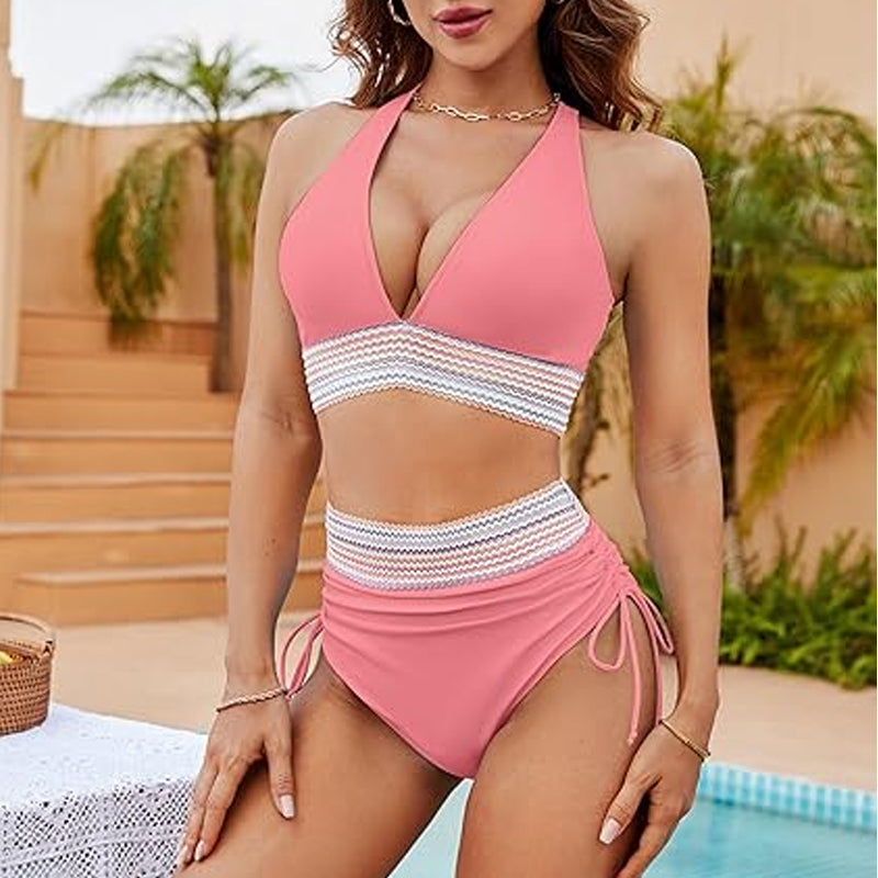 2024 High Waisted Tummy Control Color Block Bikini Sets