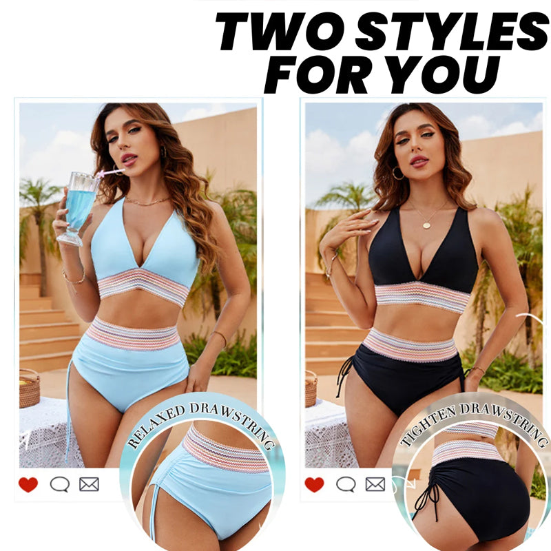 2024 High Waisted Tummy Control Color Block Bikini Sets