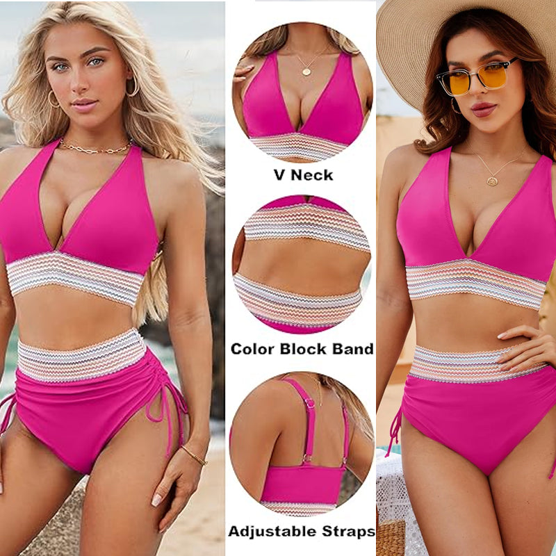 2024 High Waisted Tummy Control Color Block Bikini Sets